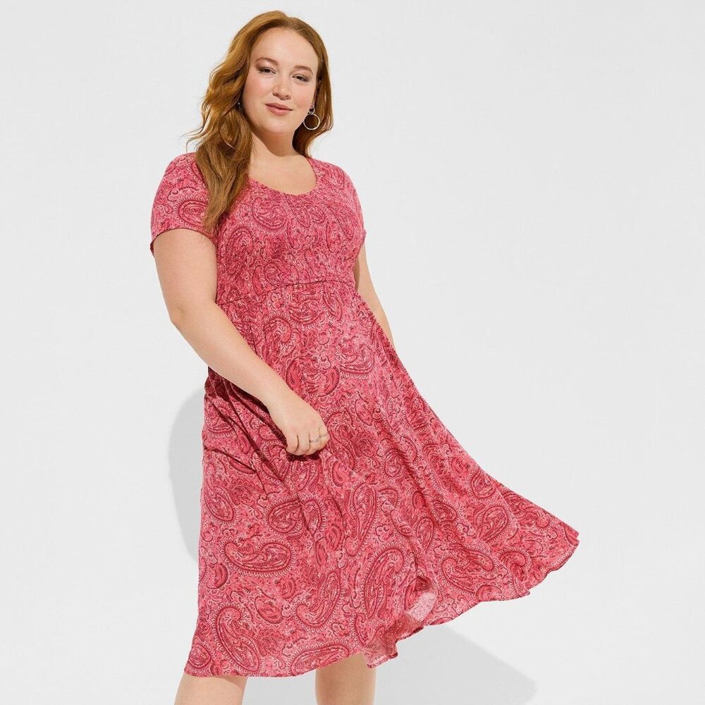 TORRID sz2 Pink/Red Midi Gauze Smocked Skater Dress